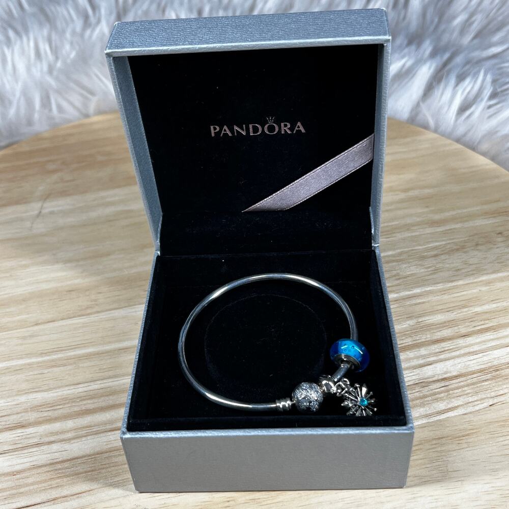 Pandora Limited Ed "Unique as You Are" Snowflake Bangle 925 Murano Blue Bead - Picture 3 of 16